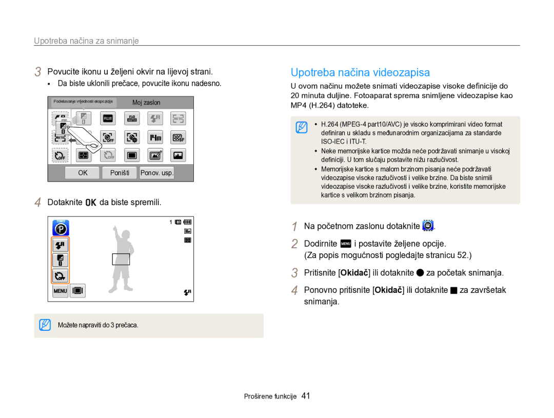 Samsung EC-SH100ZBPBE3 manual Upotreba načina videozapisa, Povucite ikonu u željeni okvir na lijevoj strani, Snimanja 