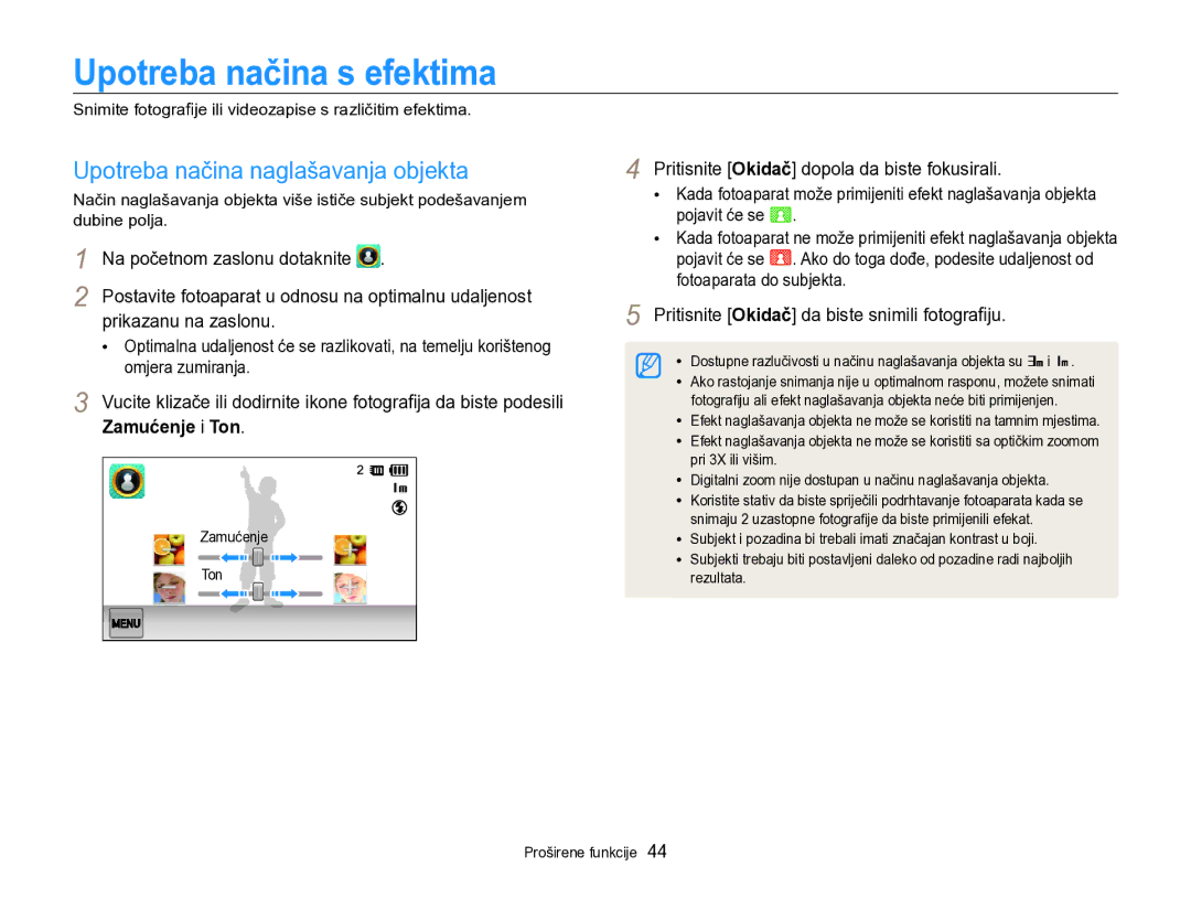 Samsung EC-SH100ZBPBE3 manual Upotreba načina s efektima, Upotreba načina naglašavanja objekta, Prikazanu na zaslonu 