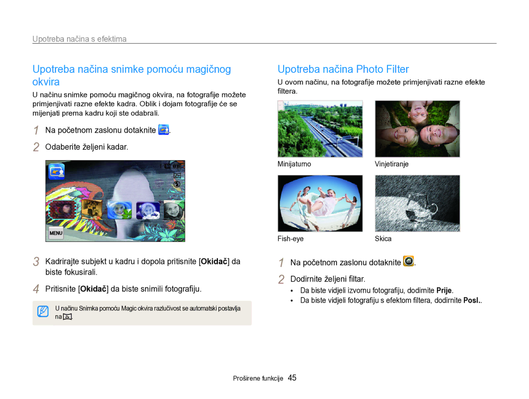 Samsung EC-SH100ZBPRE3, EC-SH100ZBPBE3 manual Upotreba načina snimke pomoću magičnog okvira, Upotreba načina Photo Filter 