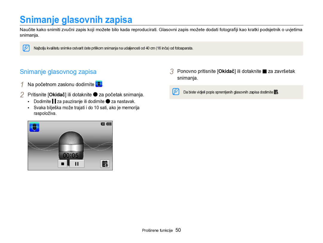 Samsung EC-SH100ZBPBE3 Snimanje glasovnih zapisa, Snimanje glasovnog zapisa, Na početnom zaslonu dodirnite, Raspoloživa 