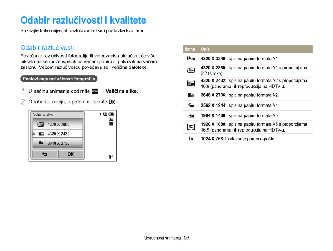 Samsung EC-SH100ZBPBE3, EC-SH100ZBPRE3 manual Odabir razlučivosti i kvalitete, Postavljanje razlučivosti fotograﬁje 