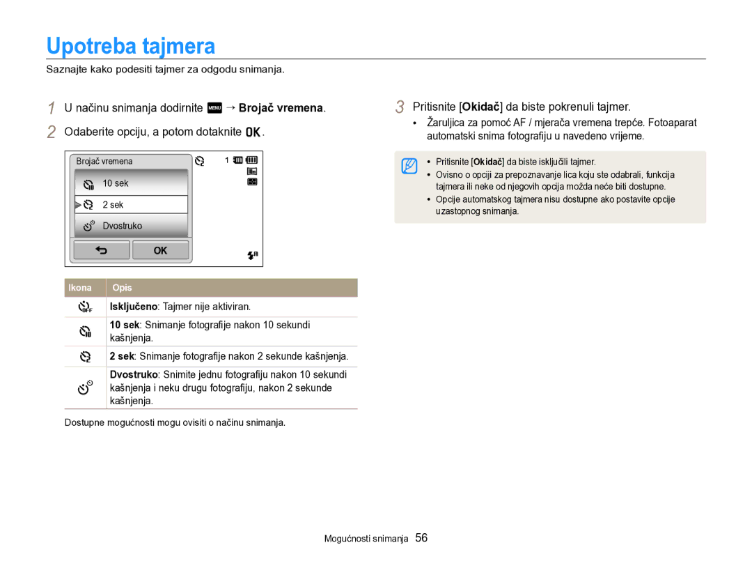 Samsung EC-SH100ZBPBE3, EC-SH100ZBPRE3, EC-SH100ZBPSE3 manual Upotreba tajmera, Pritisnite Okidač da biste pokrenuli tajmer 