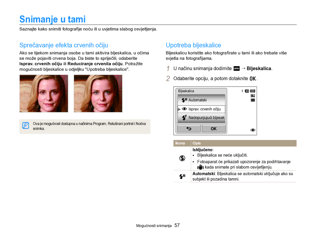 Samsung EC-SH100ZBPRE3, EC-SH100ZBPBE3, EC-SH100ZBPSE3 manual Snimanje u tami, Sprečavanje efekta crvenih očiju, Isključeno 