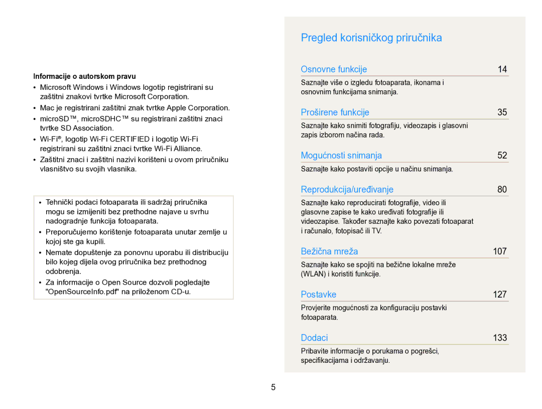 Samsung EC-SH100ZBPBE3, EC-SH100ZBPRE3, EC-SH100ZBPSE3 manual Pregled korisničkog priručnika, Informacije o autorskom pravu 