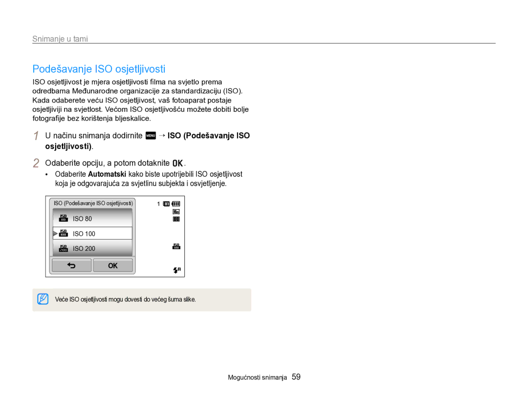 Samsung EC-SH100ZBPBE3, EC-SH100ZBPRE3, EC-SH100ZBPSE3 Podešavanje ISO osjetljivosti, Odaberite opciju, a potom dotaknite o 