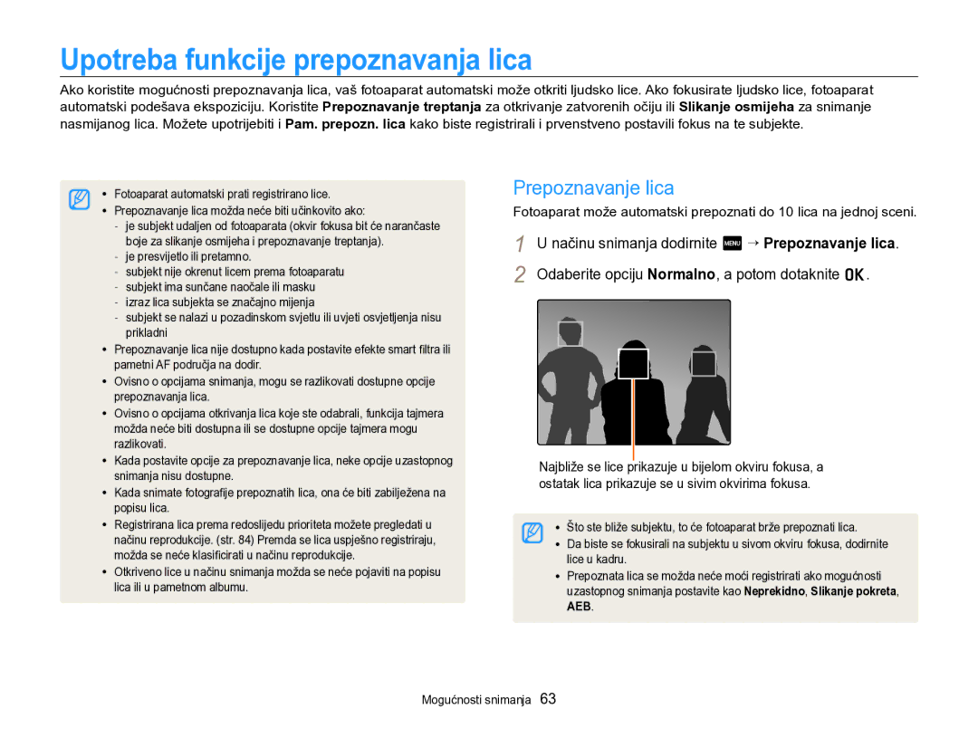 Samsung EC-SH100ZBPRE3 manual Upotreba funkcije prepoznavanja lica, Odaberite opciju Normalno, a potom dotaknite o 