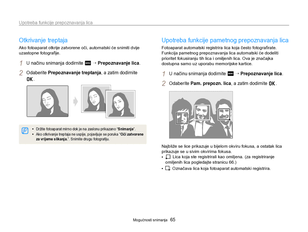 Samsung EC-SH100ZBPBE3, EC-SH100ZBPRE3, EC-SH100ZBPSE3 Otkrivanje treptaja, Upotreba funkcije pametnog prepoznavanja lica 