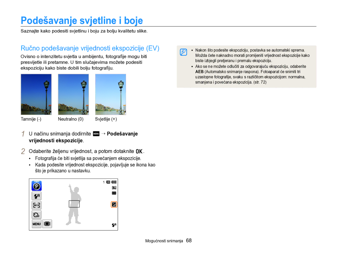 Samsung EC-SH100ZBPBE3 manual Podešavanje svjetline i boje, Ručno podešavanje vrijednosti ekspozicije EV, Tamnije Neutralno 