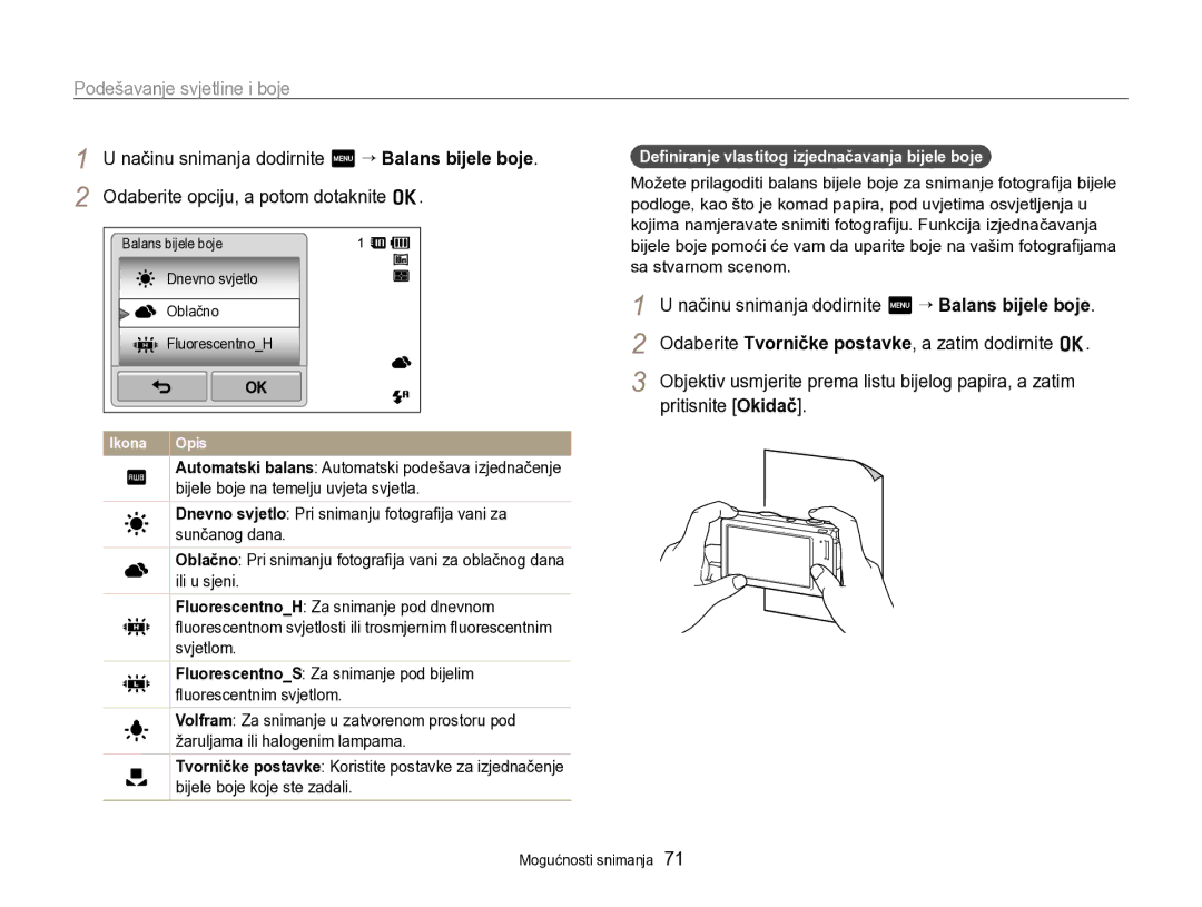 Samsung EC-SH100ZBPBE3, EC-SH100ZBPRE3, EC-SH100ZBPSE3 manual Deﬁniranje vlastitog izjednačavanja bijele boje 