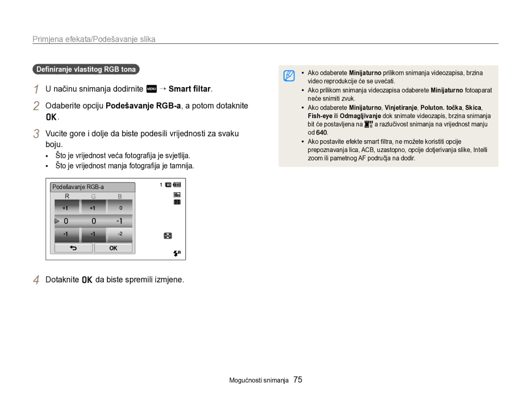 Samsung EC-SH100ZBPRE3 manual Načinu snimanja dodirnite m “ Smart ﬁltar, Boju, Dotaknite o da biste spremili izmjene 