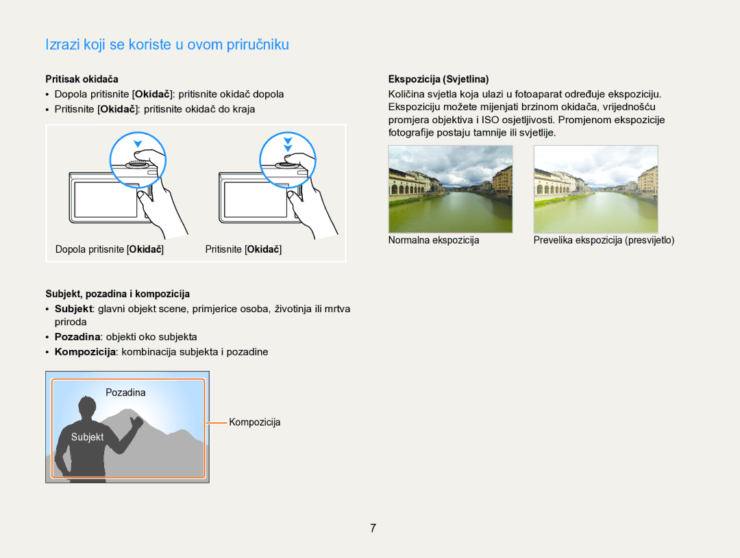 Samsung EC-SH100ZBPSE3 manual Izrazi koji se koriste u ovom priručniku, Pritisak okidača, Subjekt, pozadina i kompozicija 