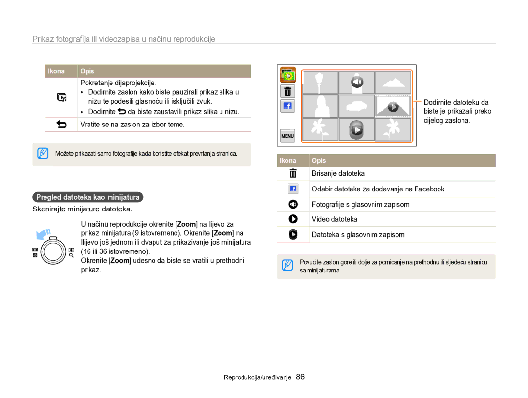 Samsung EC-SH100ZBPBE3 manual Pokretanje dijaprojekcije, Pregled datoteka kao minijatura, Skenirajte minijature datoteka 