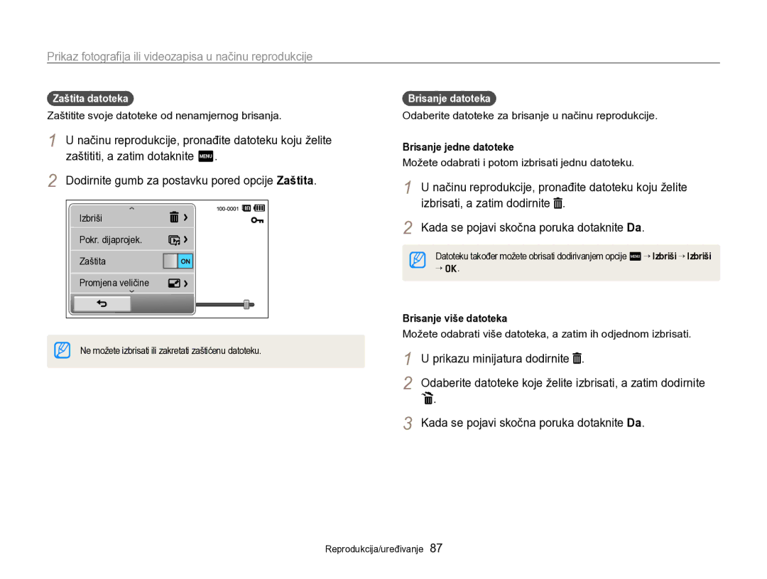 Samsung EC-SH100ZBPRE3 Dodirnite gumb za postavku pored opcije Zaštita, Prikazu minijatura dodirnite, Zaštita datoteka 