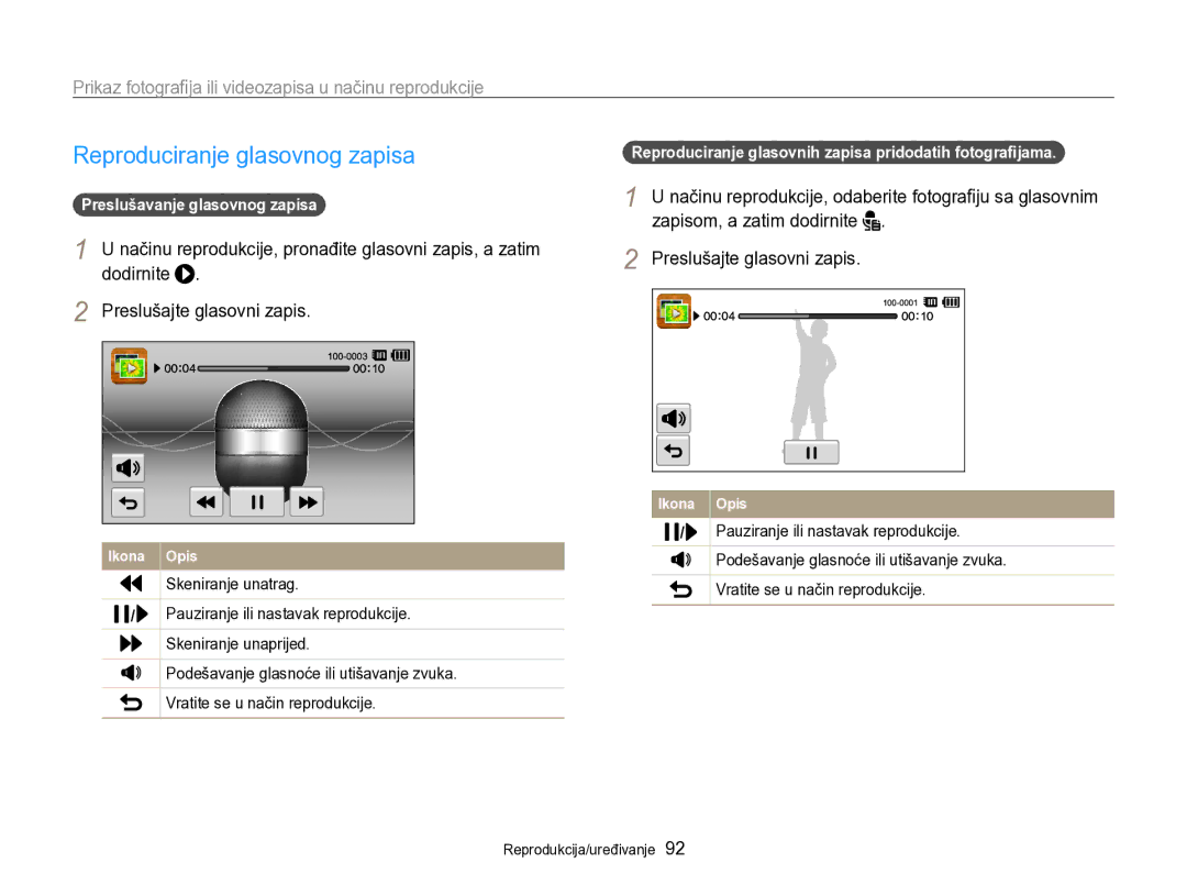 Samsung EC-SH100ZBPBE3 manual Reproduciranje glasovnog zapisa, Preslušajte glasovni zapis, Preslušavanje glasovnog zapisa 