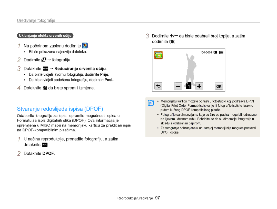 Samsung EC-SH100ZBPSE3, EC-SH100ZBPBE3 Stvaranje redoslijeda ispisa Dpof, Dotaknite Dpof, Uklanjanje efekta crvenih očiju 