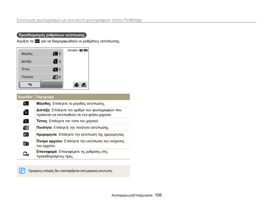 Samsung EC-SH100ZBPSE3 manual Προσδιορισμός ρυθμίσεων εκτύπωσης, Αγγίξτε το m για να διαμορφωθούν οι ρυθμίσεις εκτύπωσης 