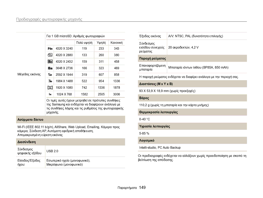 Samsung EC-SH100ZBPBE3 Παροχή ρεύματος, Διαστάσεις Μ x Υ x Β, Βάρος, Θερμοκρασία λειτουργίας Ασύρματο δίκτυο, Διασύνδεση 