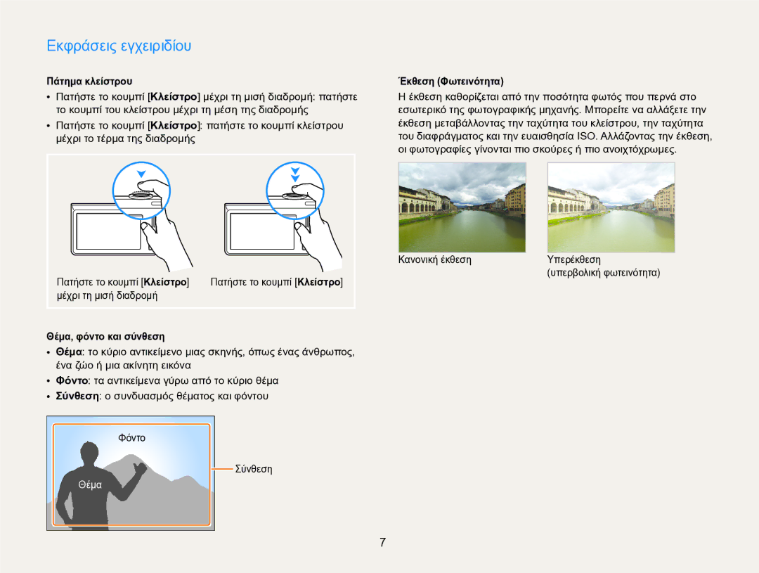 Samsung EC-SH100ZBPBE3 manual Εκφράσεις εγχειριδίου, Πάτημα κλείστρου, Έκθεση Φωτεινότητα, Θέμα, φόντο και σύνθεση 