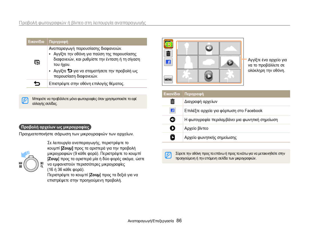 Samsung EC-SH100ZBPSE3, EC-SH100ZBPBE3 manual Αναπαραγωγή παρουσίασης διαφανειών, Προβολή αρχείων ως μικρογραφίες 