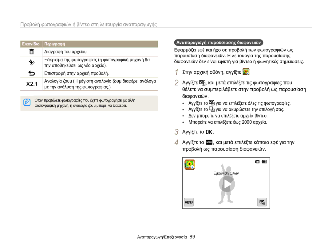 Samsung EC-SH100ZBPBE3 manual Αγγίξτε , και μετά επιλέξτε τις φωτογραφίες που, Διαφανειών, Αγγίξτε το o Αγγίξτε το m 