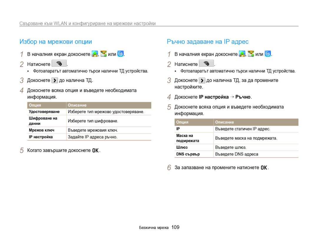 Samsung EC-SH100ZBPBE3 manual Избор на мрежови опции, Ръчно задаване на IP адрес, Докоснете IP настройка “ Ръчно 