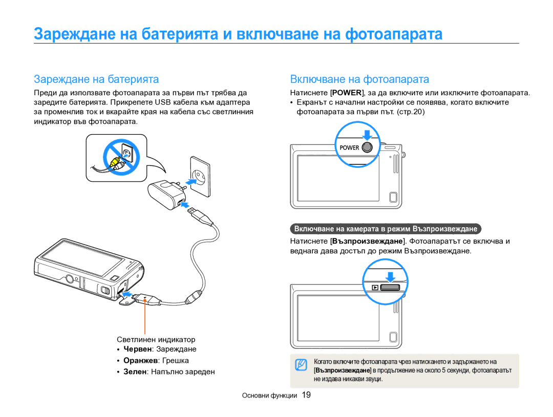 Samsung EC-SH100ZBPBE3 Зареждане на батерията и включване на фотоапарата, Зареждане на батерията Включване на фотоапарата 