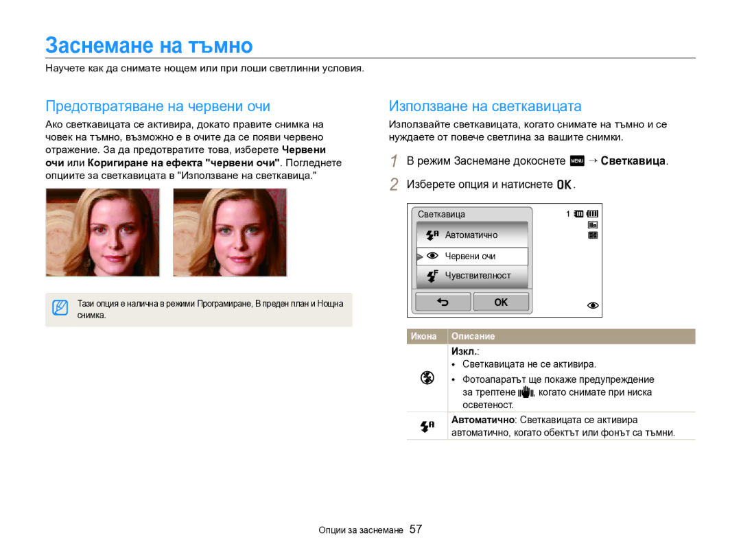 Samsung EC-SH100ZBPBE3 manual Заснемане на тъмно, Предотвратяване на червени очи, Снимка 