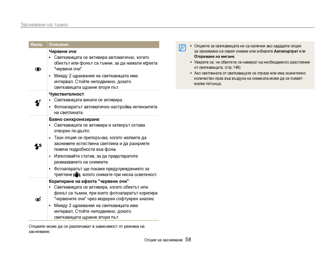 Samsung EC-SH100ZBPBE3 manual Заснемане на тъмно, Червени очи, Чувствителност, Бавно синхронизиране 