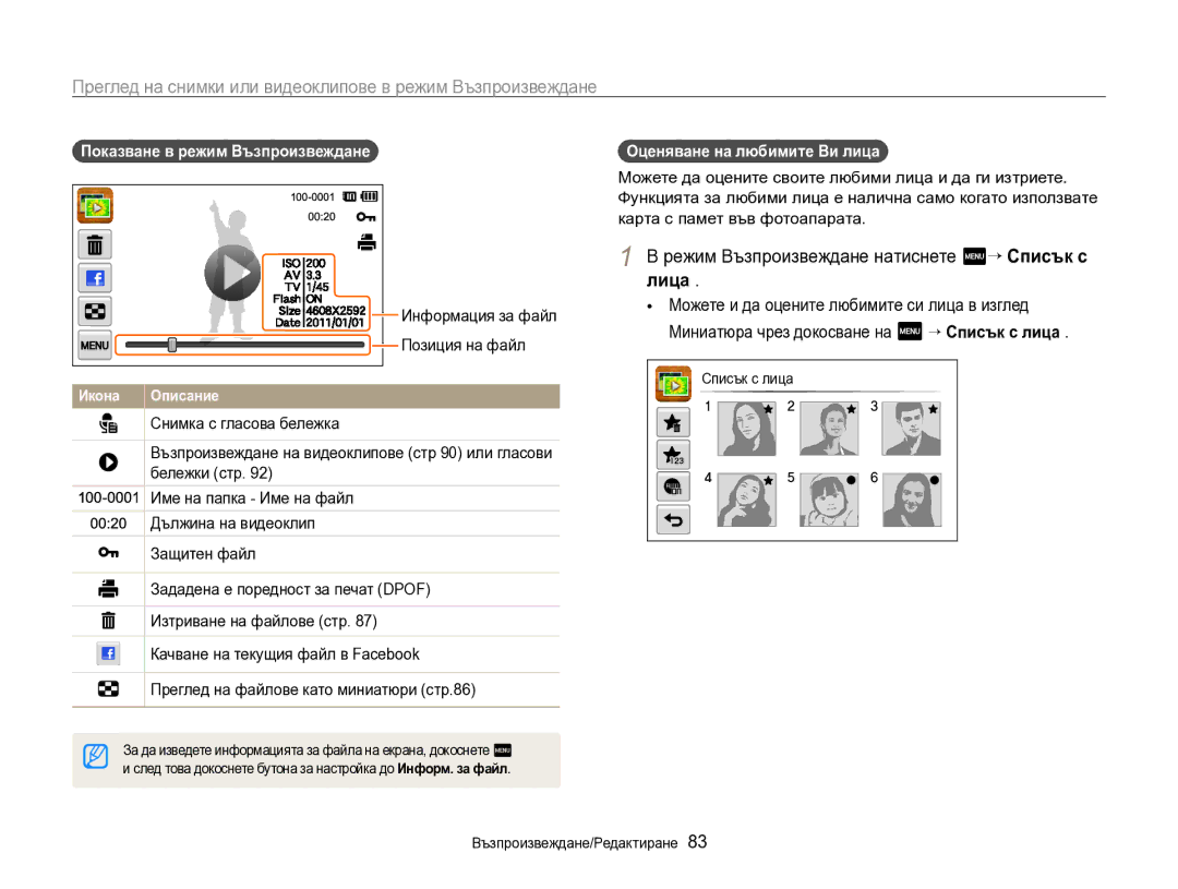 Samsung EC-SH100ZBPBE3 manual Режим Възпроизвеждане натиснете m“ Списък с лица, Показване в режим Възпроизвеждане 