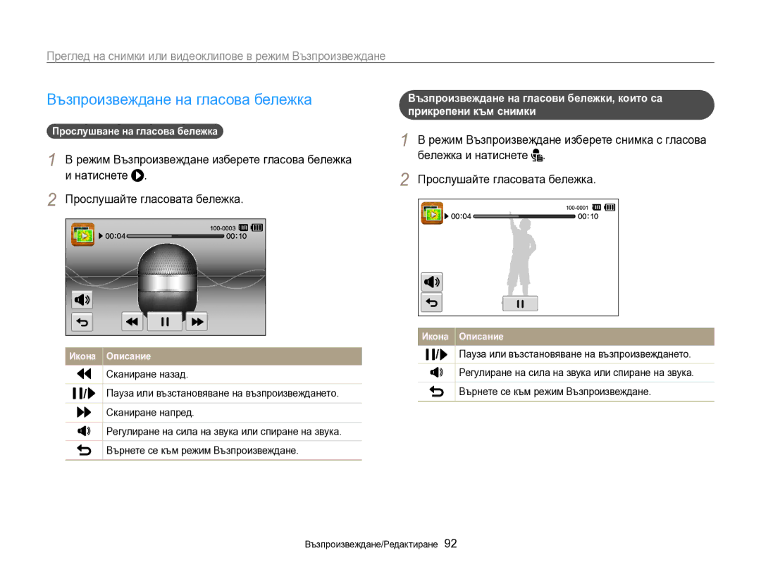 Samsung EC-SH100ZBPBE3 manual Възпроизвеждане на гласова бележка, Прослушване на гласова бележка, Сканиране назад 