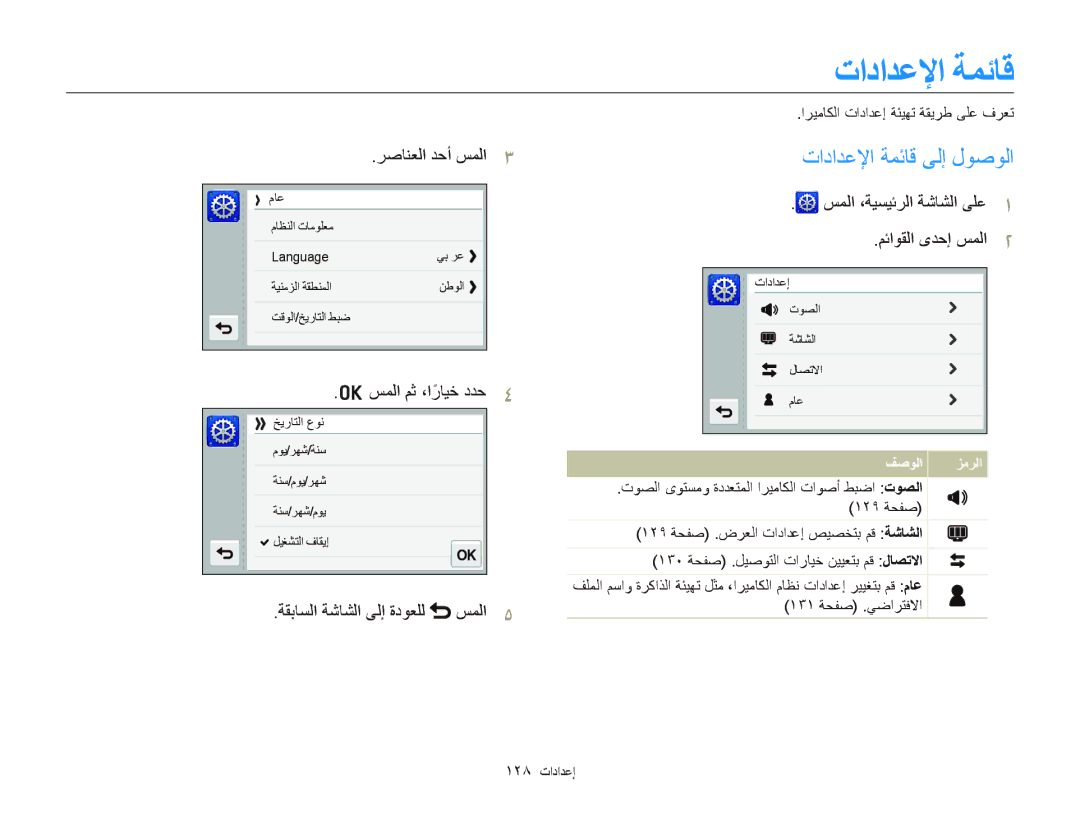 Samsung EC-SH100ZDPBME ﺕﺍﺩﺍﺪﻋﻹﺍ ﺔﻤﺋﺎﻗ ﻰﻟﺇ ﻝﻮﺻﻮﻟﺍ, ﺮﺻﺎﻨﻌﻟﺍ ﺪﺣﺃ ﺲﻤﻟﺍ, ﺔﻘﺑﺎﺴﻟﺍ ﺔﺷﺎﺸﻟﺍ ﻰﻟﺇ ﺓﺩﻮﻌﻠﻟ ﺲﻤﻟﺍ, ﻢﺋﺍﻮﻘﻟﺍ ﻯﺪﺣﺇ ﺲﻤﻟﺍ 