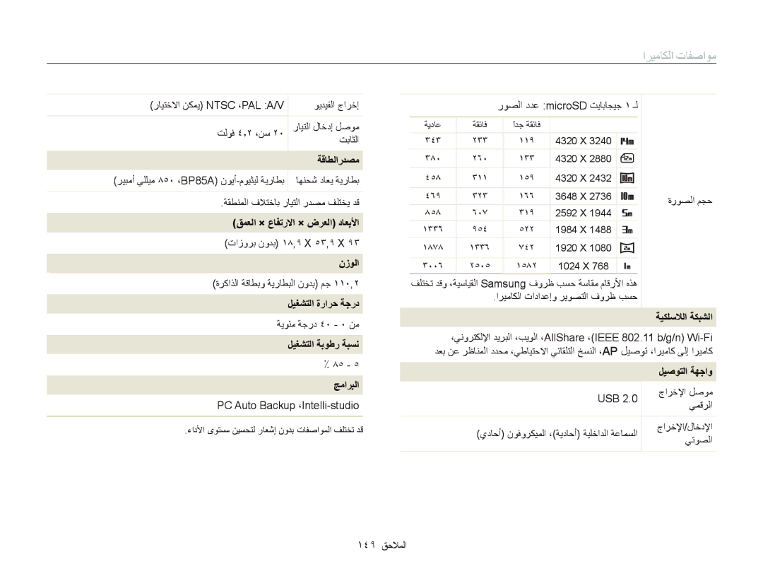 Samsung EC-SH100ZBPRAE ﺔﻗﺎﻄﻟﺍﺭﺪﺼﻣ, ﻖﻤﻌﻟﺍ × ﻉﺎﻔﺗﺭﻻﺍ × ﺽﺮﻌﻟﺍ ﺩﺎﻌﺑﻷﺍ, ﻥﺯﻮﻟﺍ, ﻞﻴﻐﺸﺘﻟﺍ ﺓﺭﺍﺮﺣ ﺔﺟﺭﺩ, ﻞﻴﻐﺸﺘﻟﺍ ﺔﺑﻮﻃﺭ ﺔﺒﺴﻧ, ﺞﻣﺍﺮﺒﻟﺍ 