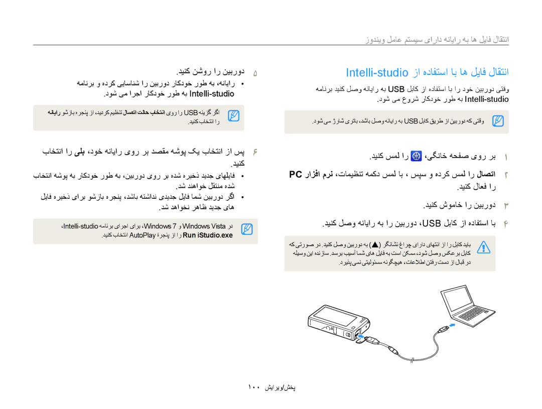 Samsung EC-SH100ZDPBIR manual Intelli-studio ﺯﺍ ﻩﺩﺎﻔﺘﺳﺍ ﺎﺑ ﺎﻫ ﻞﻳﺎﻓ ﻝﺎﻘﺘﻧﺍ, ﺯﻭﺪﻨﻳﻭ ﻞﻣﺎﻋ ﻢﺘﺴﻴﺳ یﺍﺭﺍﺩ ﻪﻧﺎﻳﺍﺭ ﻪﺑ ﺎﻫ ﻞﻳﺎﻓ ﻝﺎﻘﺘﻧﺍ 