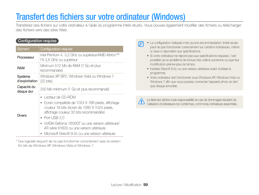 Samsung EC-SH100ZBPRE1, EC-SH100ZBPBE1 manual Transfert des ﬁchiers sur votre ordinateur Windows, Conﬁguration requise 