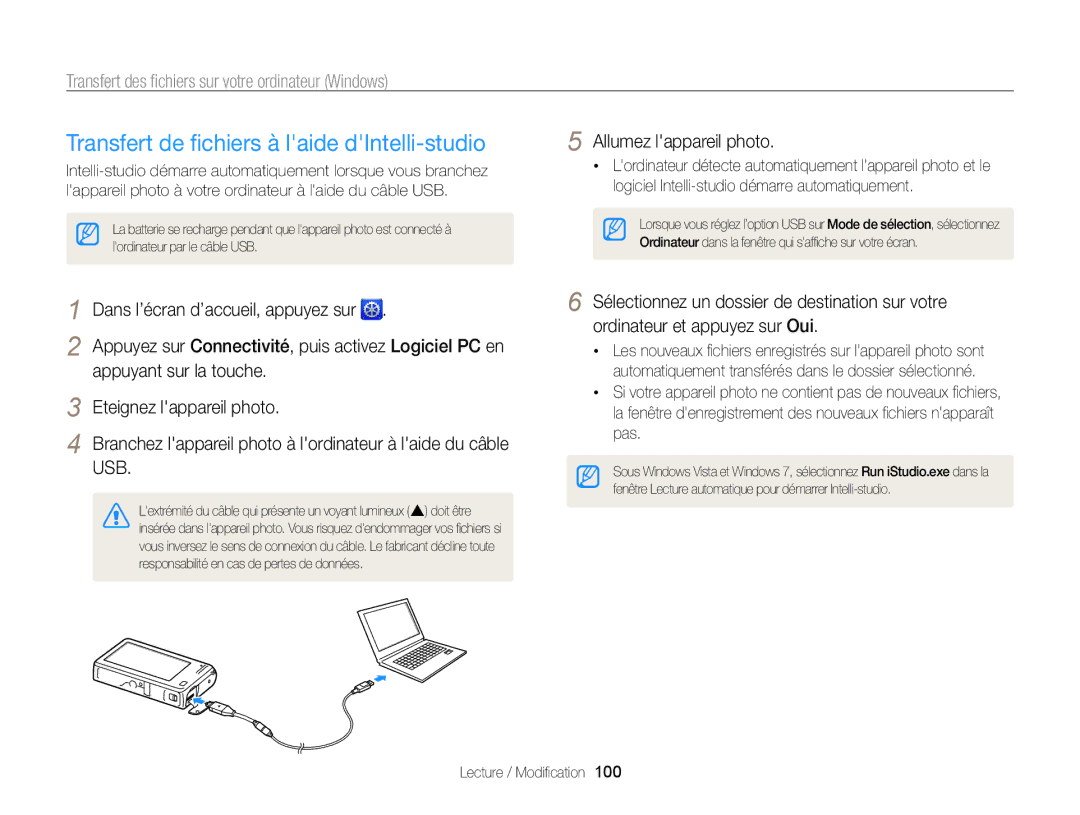 Samsung EC-SH100ZBPBE1 Transfert de ﬁchiers à laide dIntelli-studio, Transfert des ﬁchiers sur votre ordinateur Windows 