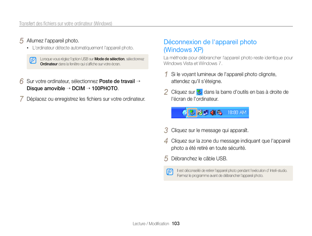 Samsung EC-SH100ZBPRE1, EC-SH100ZBPBE1 manual Déconnexion de lappareil photo Windows XP 