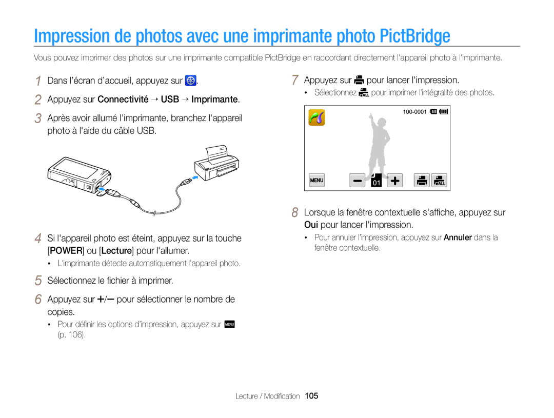 Samsung EC-SH100ZBPRE1 manual Impression de photos avec une imprimante photo PictBridge, Photo à laide du câble USB, Copies 
