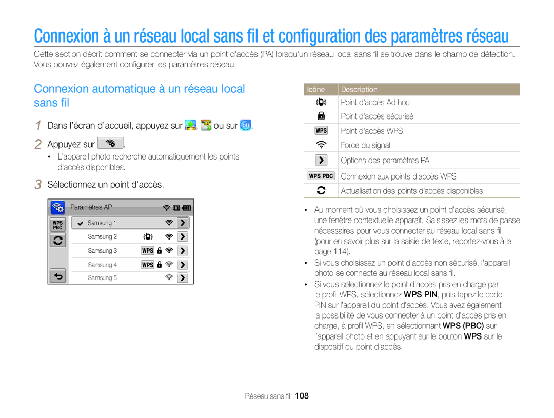 Samsung EC-SH100ZBPBE1, EC-SH100ZBPRE1 manual Connexion automatique à un réseau local sans ﬁl, Sélectionnez un point daccès 