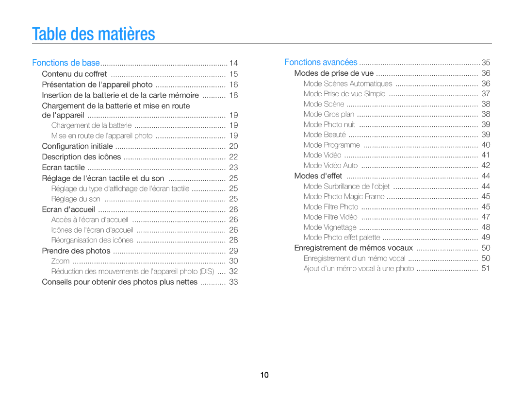 Samsung EC-SH100ZBPBE1, EC-SH100ZBPRE1 manual Table des matières, Conseils pour obtenir des photos plus nettes 