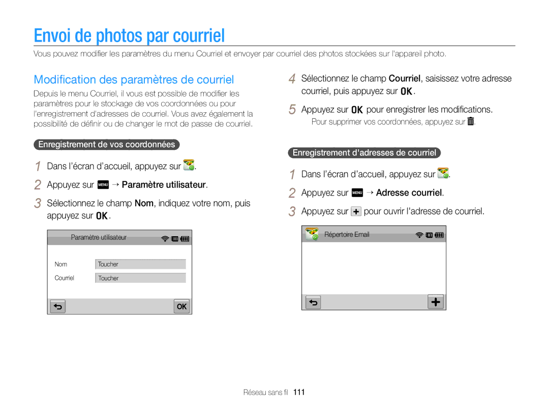 Samsung EC-SH100ZBPRE1, EC-SH100ZBPBE1 Envoi de photos par courriel, Modiﬁcation des paramètres de courriel, Appuyez sur o 