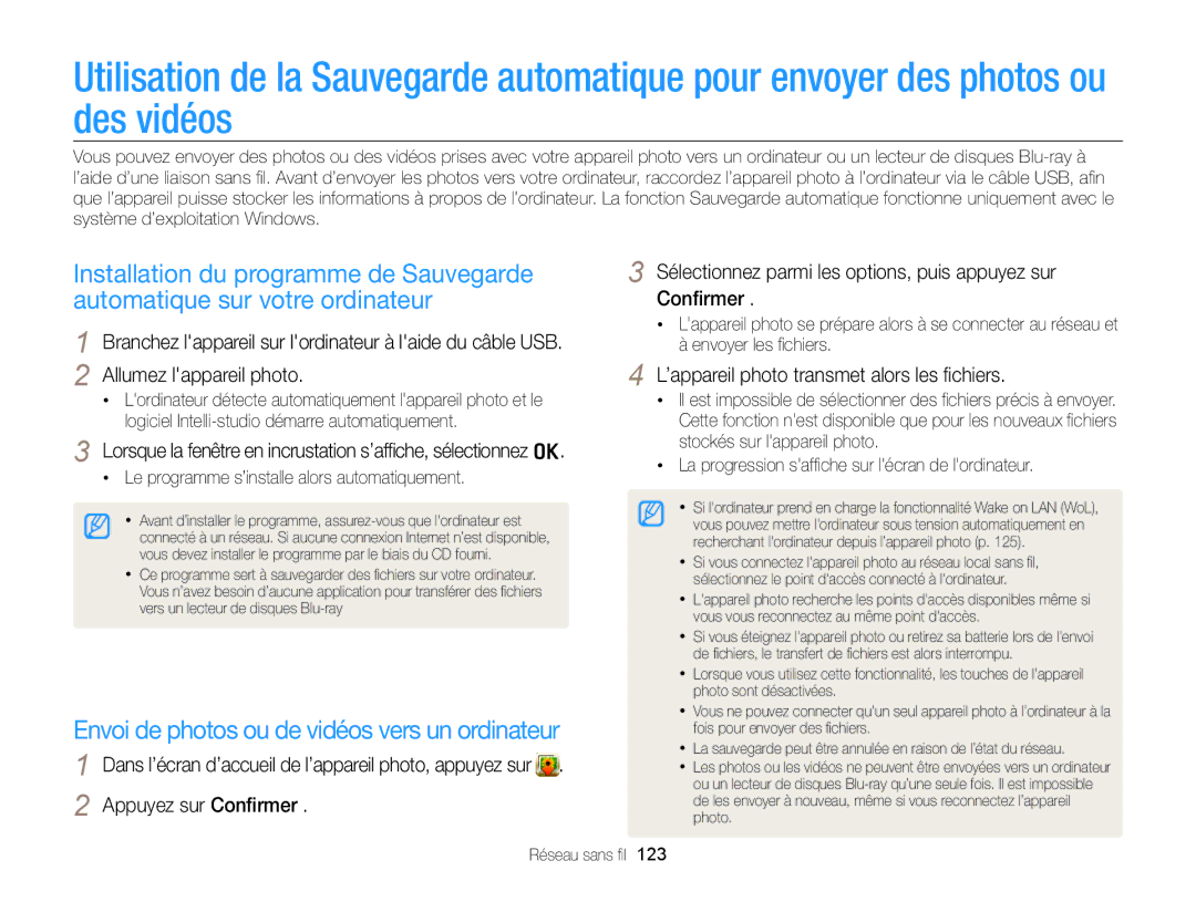 Samsung EC-SH100ZBPRE1 Envoi de photos ou de vidéos vers un ordinateur, ’appareil photo transmet alors les ﬁchiers, 123 