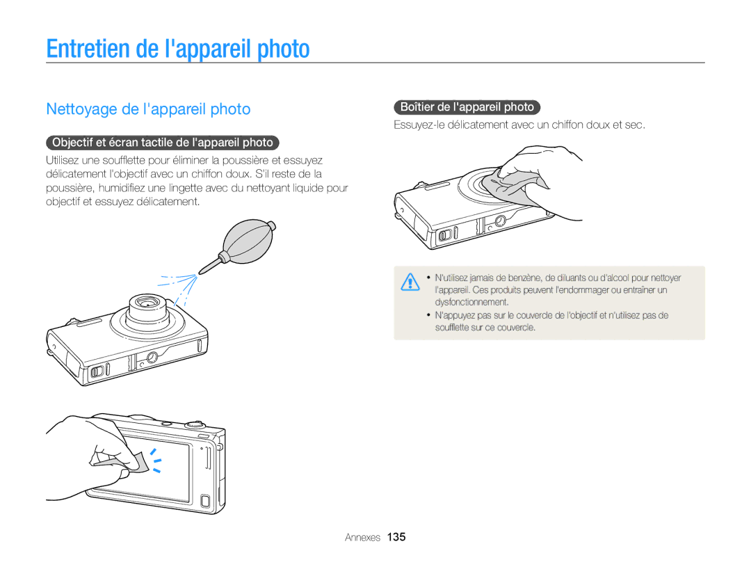 Samsung EC-SH100ZBPRE1 manual Entretien de lappareil photo, Nettoyage de lappareil photo, Boîtier de lappareil photo 