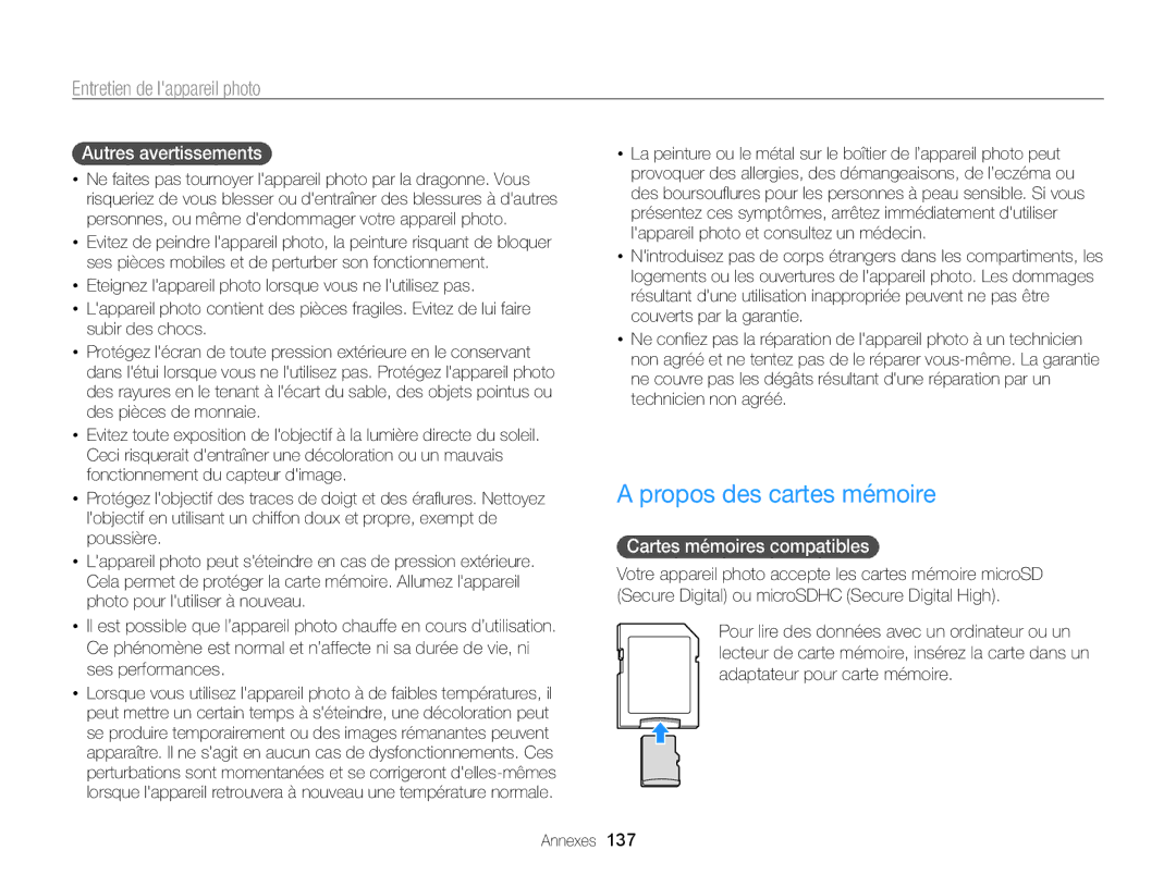 Samsung EC-SH100ZBPRE1, EC-SH100ZBPBE1 manual Propos des cartes mémoire, Autres avertissements, Cartes mémoires compatibles 