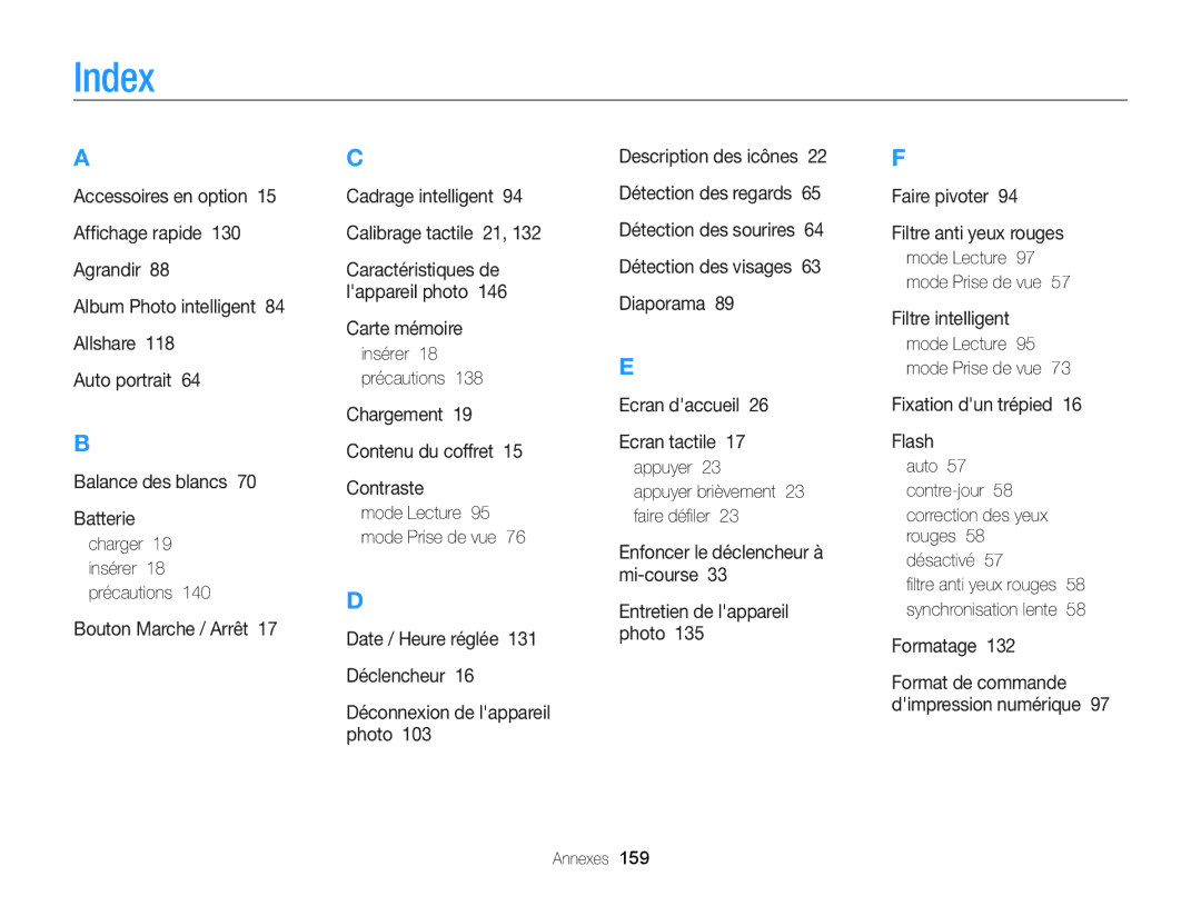 Samsung EC-SH100ZBPRE1, EC-SH100ZBPBE1 manual Index, Charger 19 insérer 18 précautions, Insérer 18 précautions 