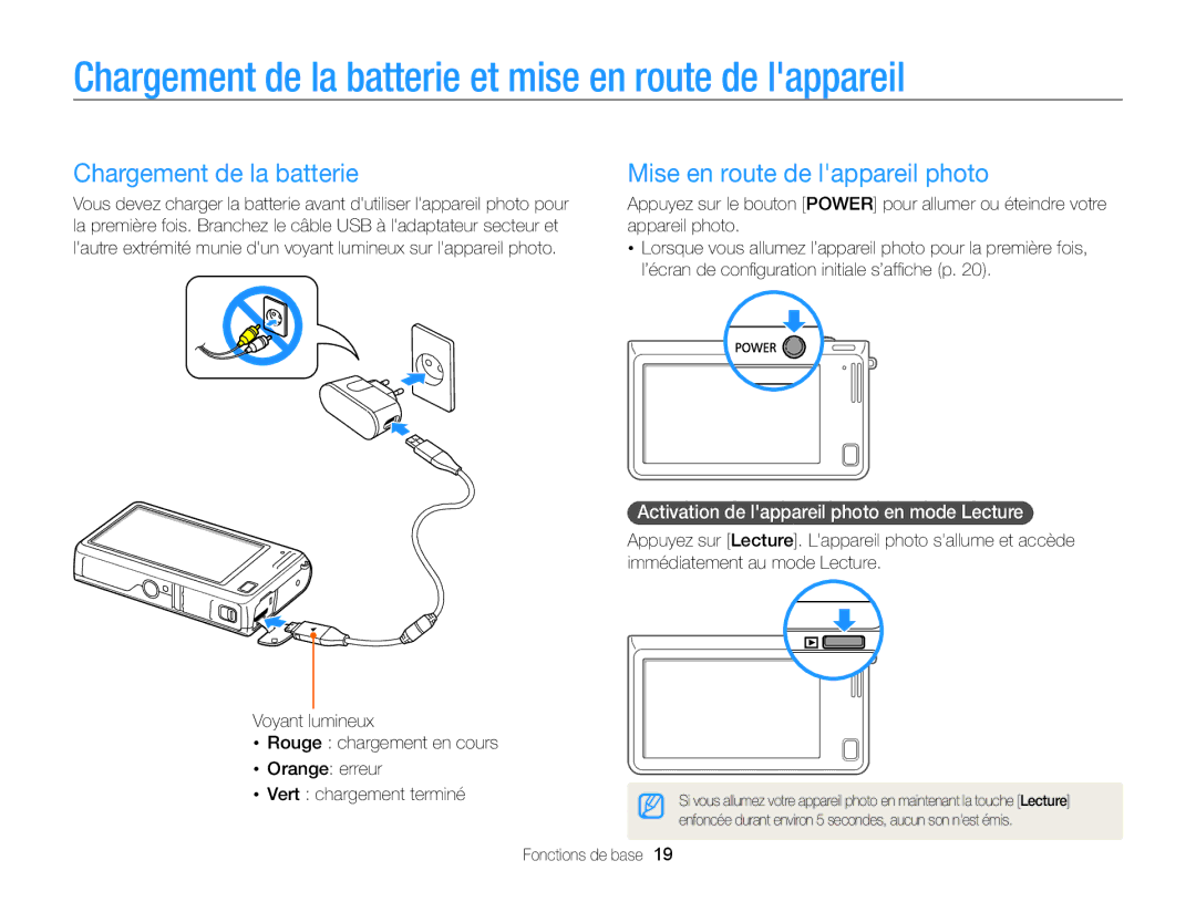 Samsung EC-SH100ZBPRE1 manual Chargement de la batterie et mise en route de lappareil, Mise en route de lappareil photo 