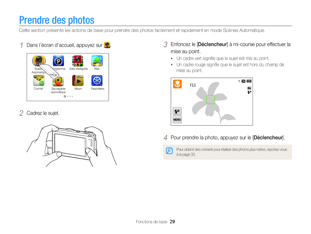 Samsung EC-SH100ZBPRE1, EC-SH100ZBPBE1 manual Prendre des photos 