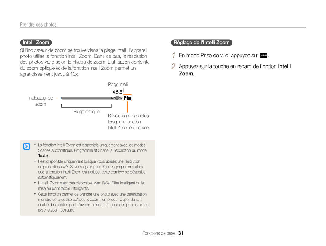 Samsung EC-SH100ZBPRE1, EC-SH100ZBPBE1 manual Réglage de lIntelli Zoom, Plage Intelli Indicateur de Zoom Plage optique 