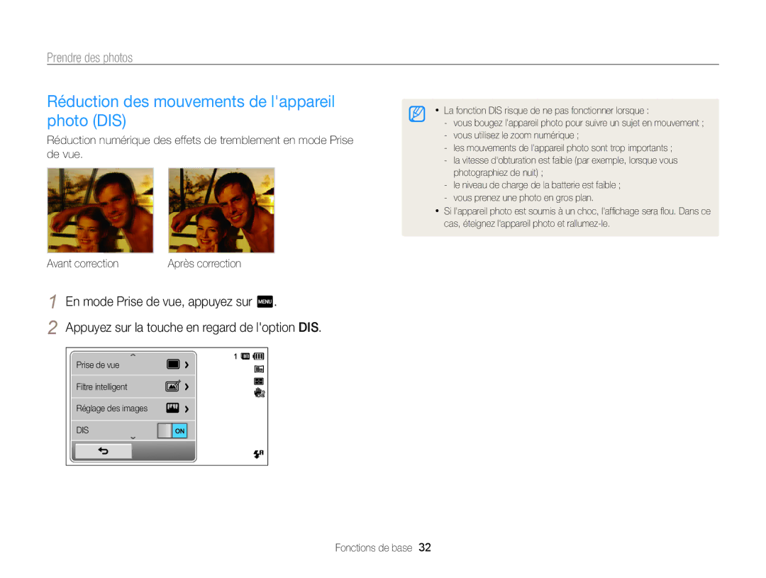 Samsung EC-SH100ZBPBE1, EC-SH100ZBPRE1 manual Réduction des mouvements de lappareil photo DIS 