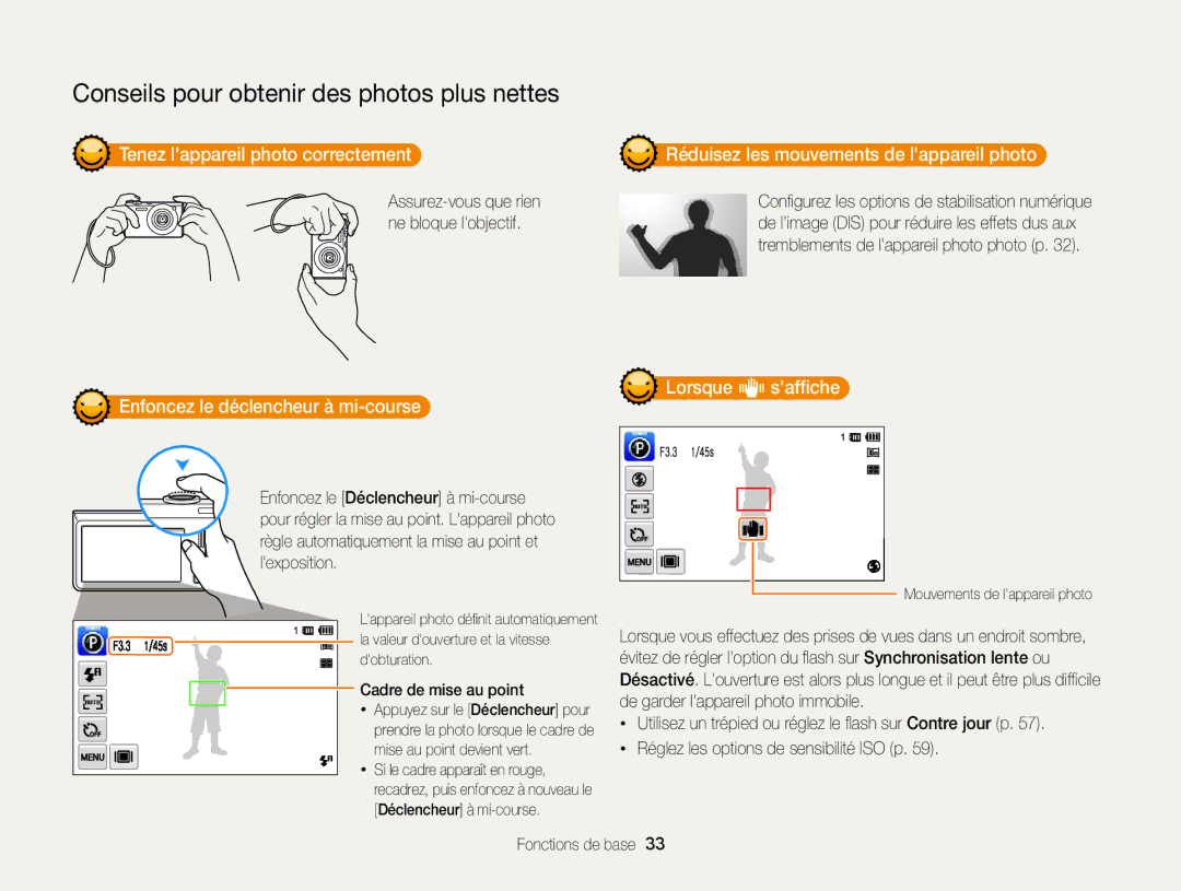 Samsung EC-SH100ZBPRE1 Lorsque h safﬁche Enfoncez le déclencheur à mi-course, Assurez-vous que rien, Ne bloque lobjectif 