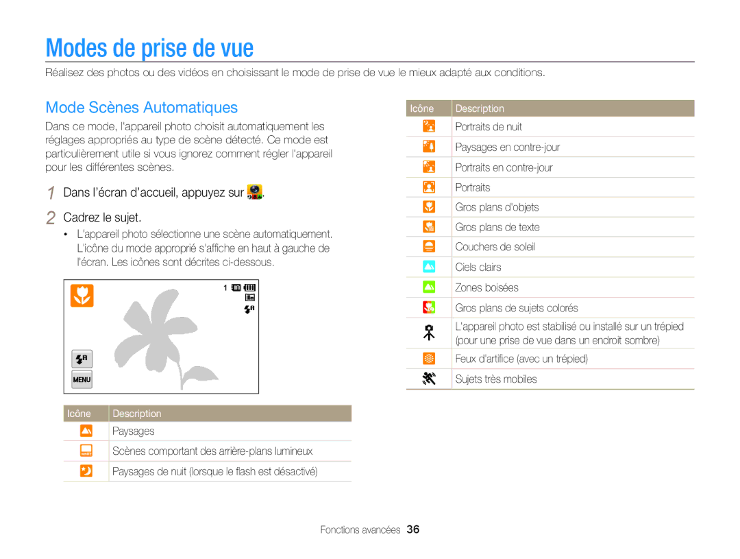 Samsung EC-SH100ZBPBE1, EC-SH100ZBPRE1 manual Modes de prise de vue, Mode Scènes Automatiques, Cadrez le sujet 